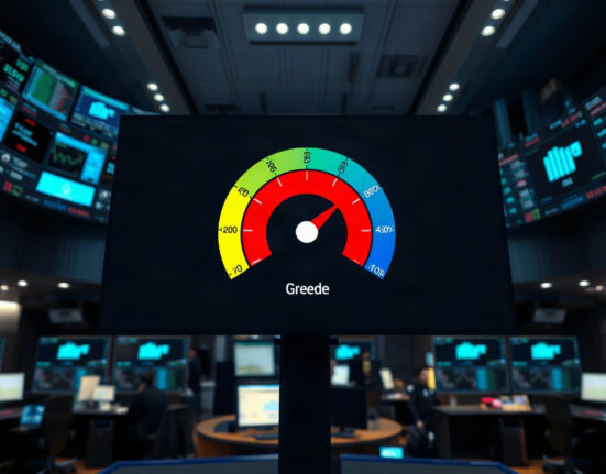 Crypto fear and greed index gauge showing greed at 78 on a trading floor screen