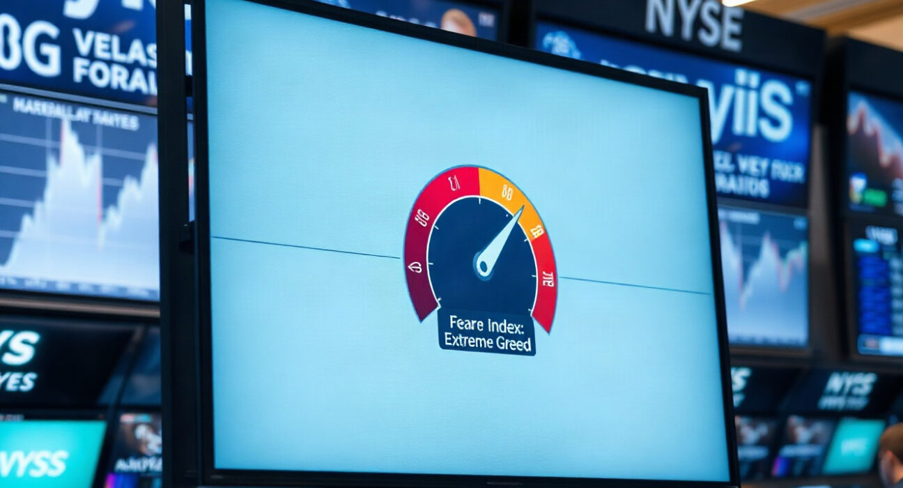 Crypto fear and greed index gauge showing extreme greed at 80 on a trading floor screen