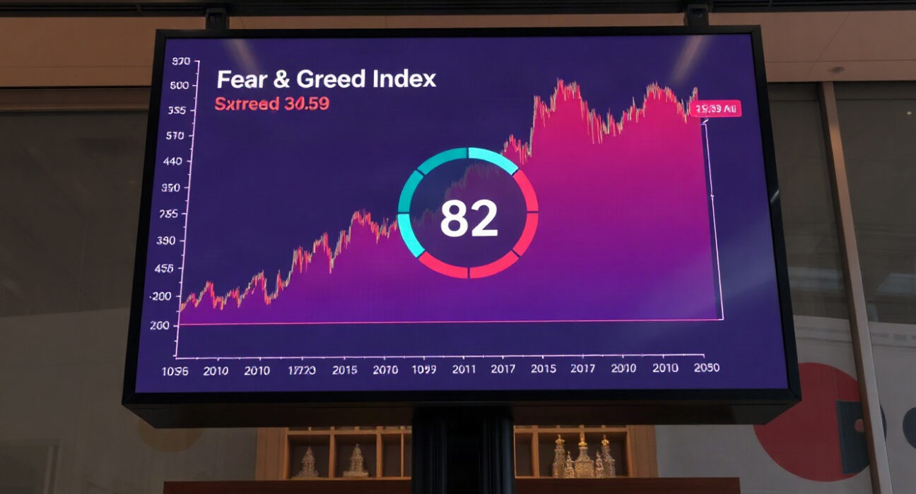 Digital display showing the crypto fear and greed index at 82 in extreme greed territory