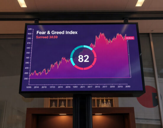 Digital display showing the crypto fear and greed index at 82 in extreme greed territory
