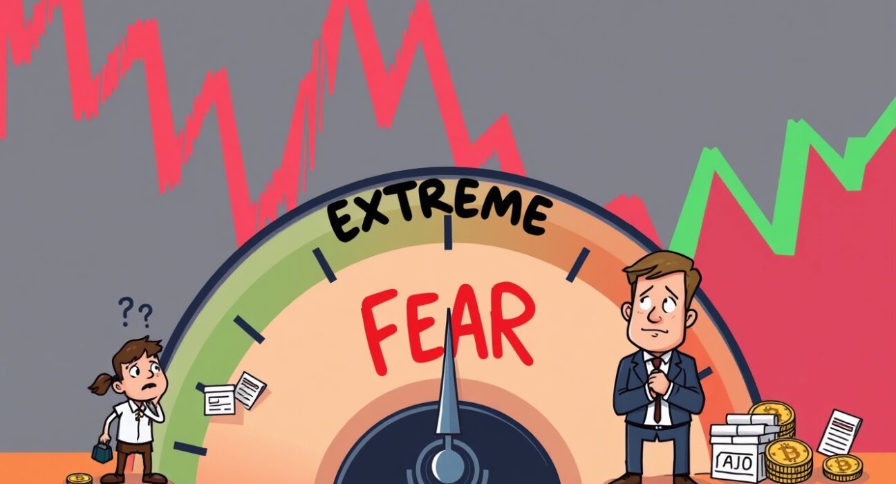A cartoon illustration of the Crypto Fear & Greed Index showing extreme fear, conveying market sentiment for astute investors.