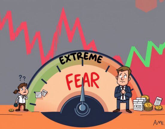 A cartoon illustration of the Crypto Fear & Greed Index showing extreme fear, conveying market sentiment for astute investors.