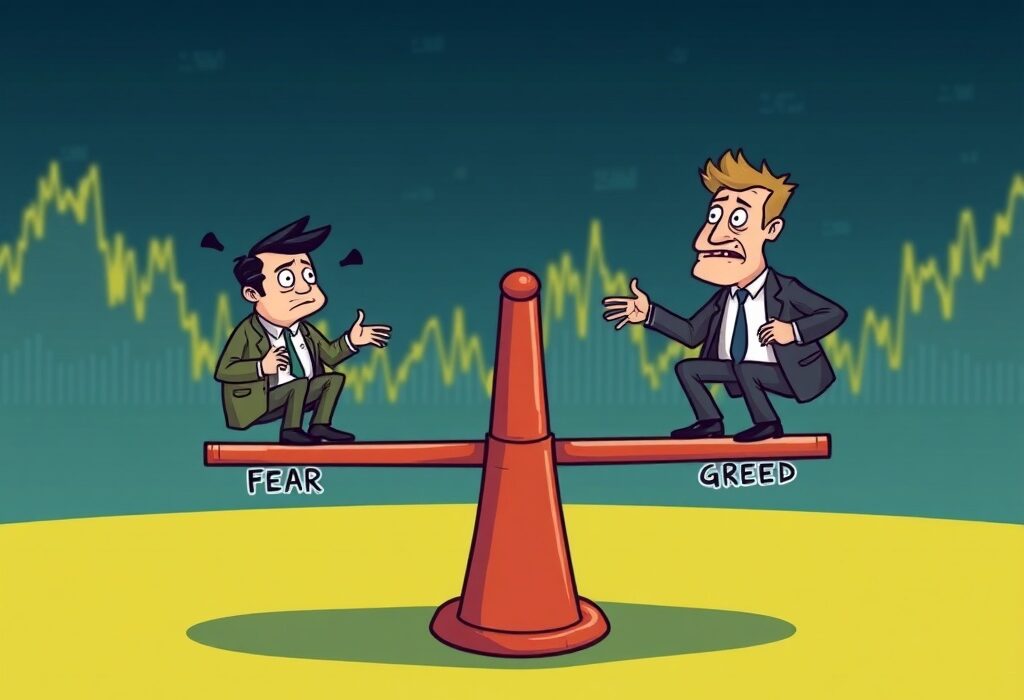 A cartoon illustration showing the Crypto Fear & Greed Index, representing investor sentiment balancing between fear and greed in the market.