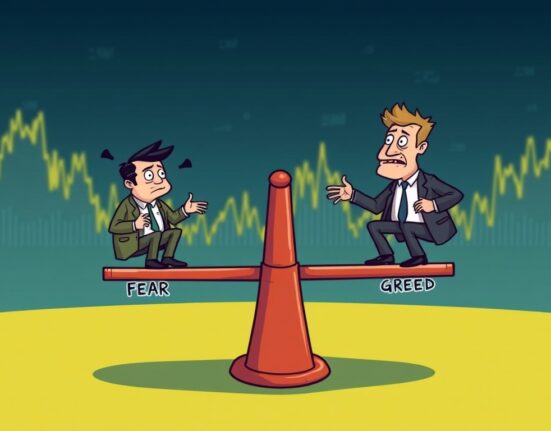 A cartoon illustration showing the Crypto Fear & Greed Index, representing investor sentiment balancing between fear and greed in the market.