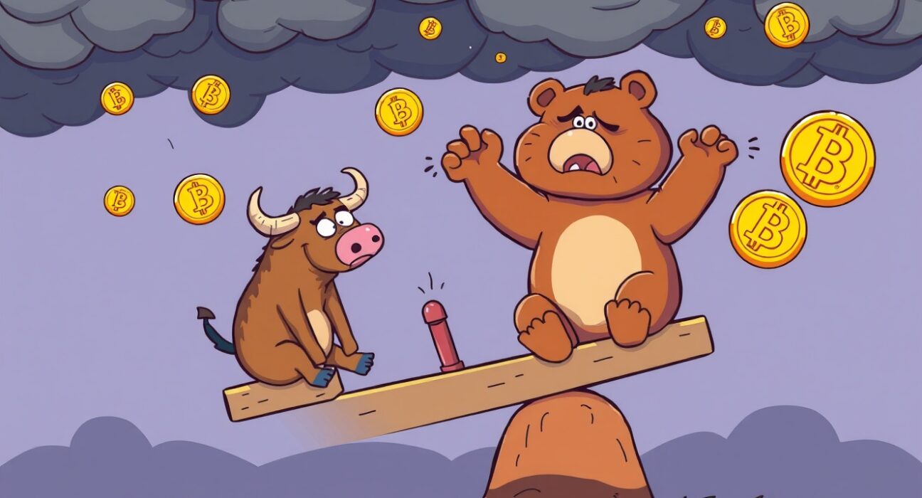 A cartoon illustration showing the Crypto Fear & Greed Index at 29, depicting market fear and investor anxiety.