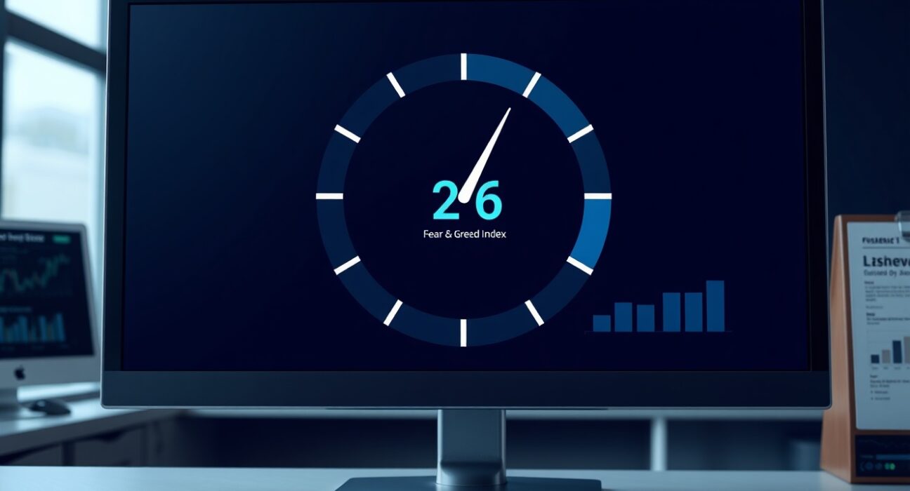 Financial dashboard showing the Crypto Fear & Greed Index at a low value of 26, indicating market fear.