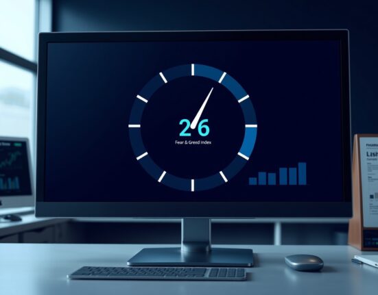 Financial dashboard showing the Crypto Fear & Greed Index at a low value of 26, indicating market fear.