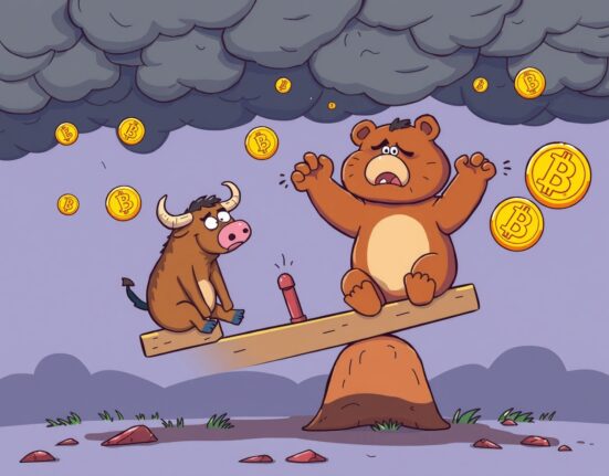 Crypto Fear & Greed Index showing nervous market sentiment with bull and bear characters