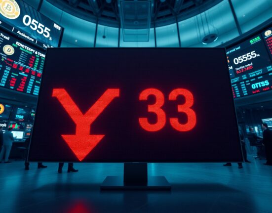 Digital display showing Crypto Fear & Greed Index at 33, signaling market fear
