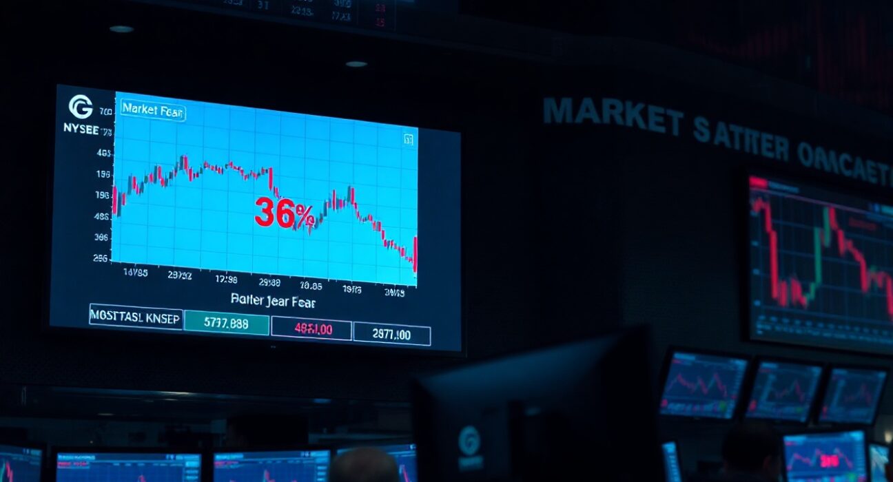 Digital display showing Crypto Fear and Greed Index at 36, indicating market fear