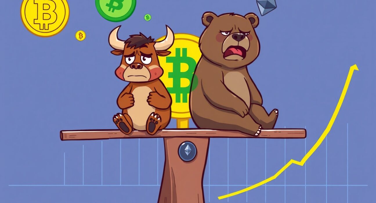 Cartoon illustration showing Crypto Fear & Greed Index indicating extreme market fear with nervous investors