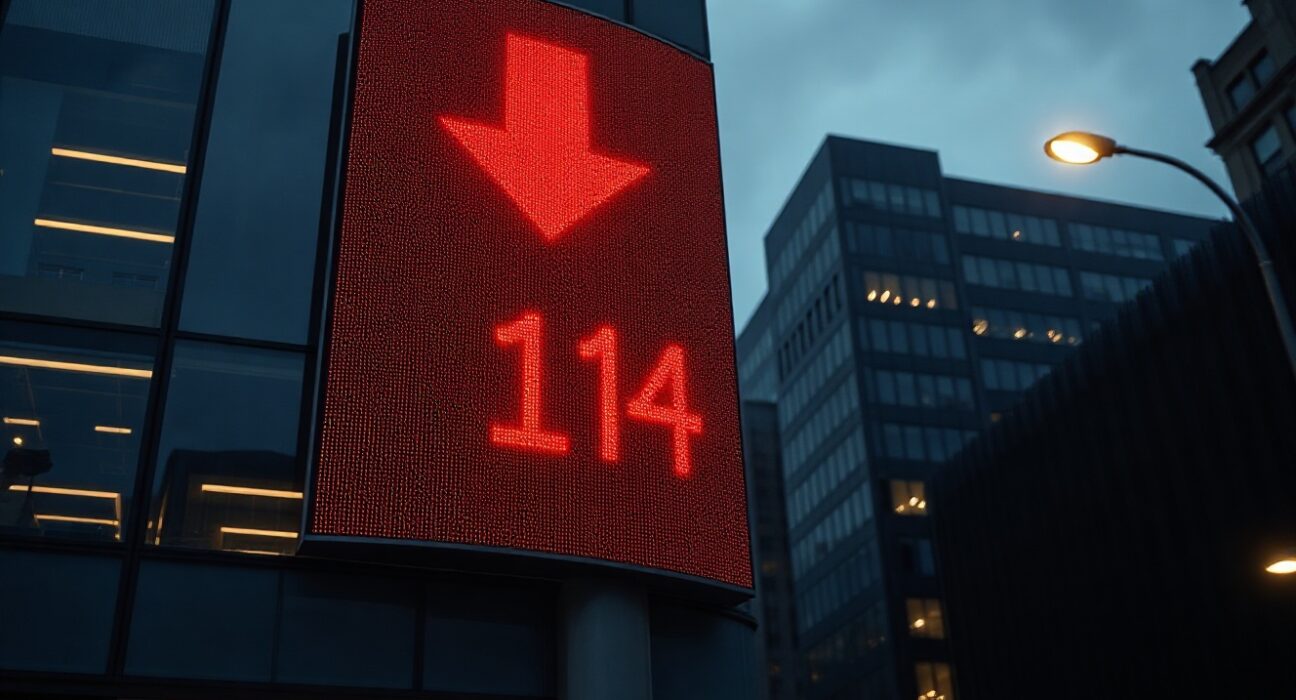 Digital display showing the Fear & Greed Index at 14 in red, indicating extreme fear in cryptocurrency markets.