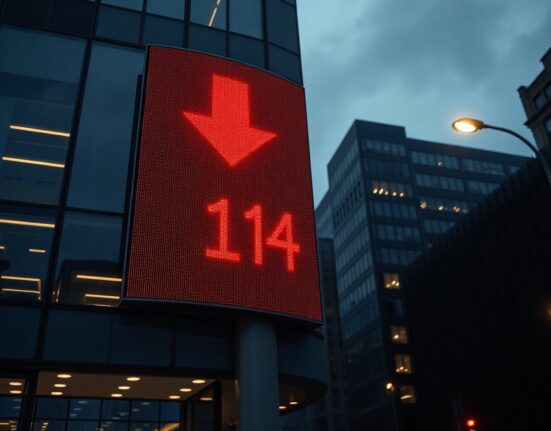 Digital display showing the Fear & Greed Index at 14 in red, indicating extreme fear in cryptocurrency markets.