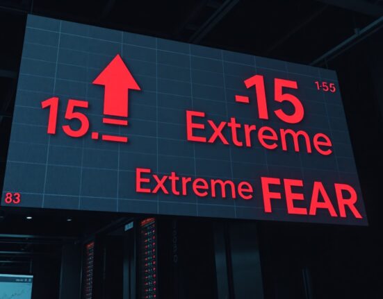 Digital display showing Crypto Fear & Greed Index at 15, indicating Extreme Fear