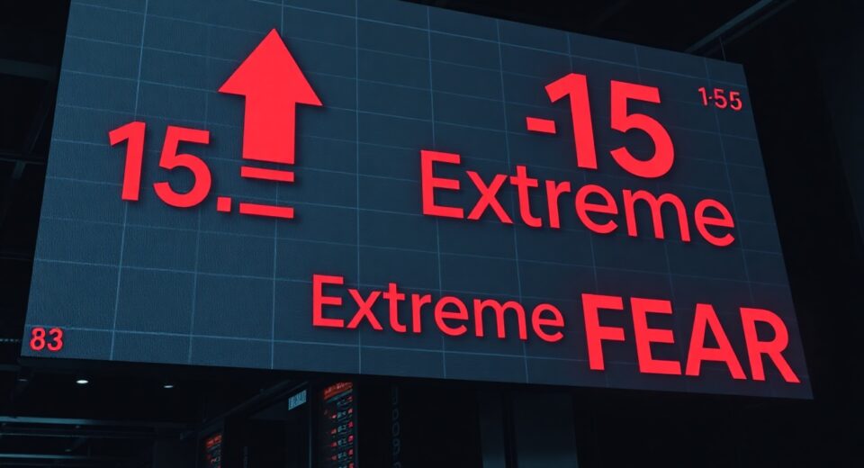 Digital display showing Crypto Fear & Greed Index at 15, indicating Extreme Fear