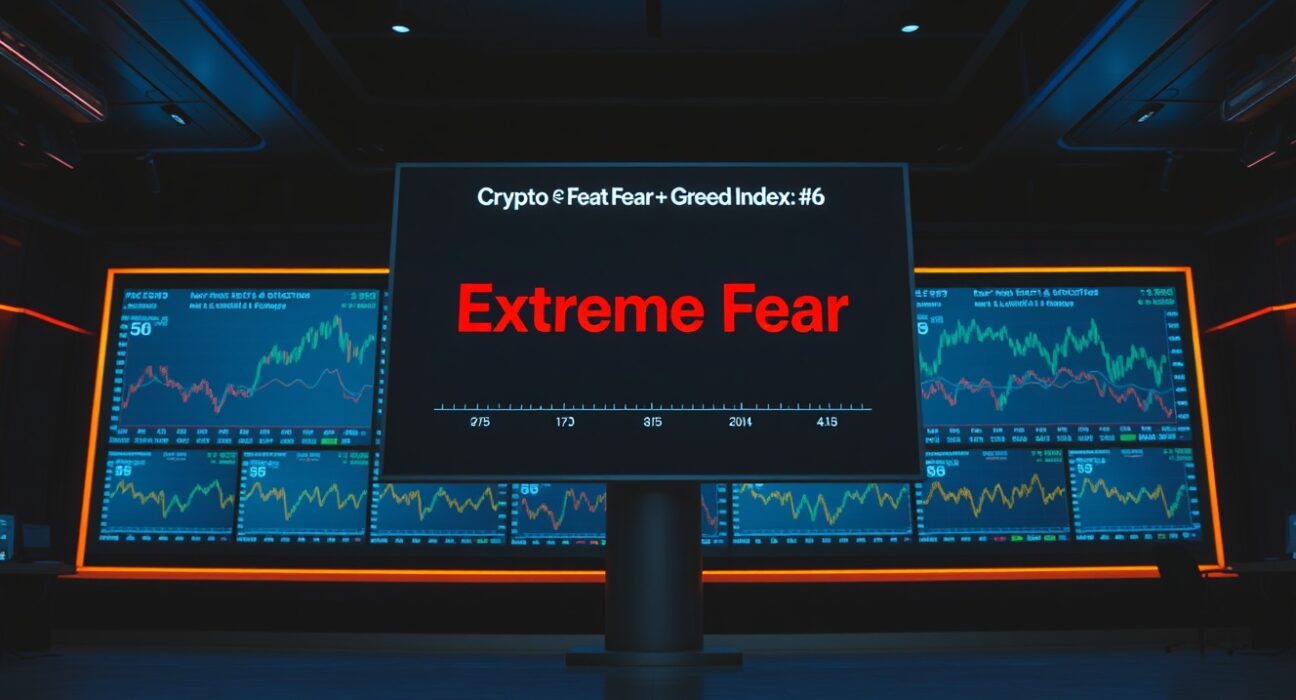 Digital display showing Crypto Fear & Greed Index at 16, indicating extreme fear in the cryptocurrency market.