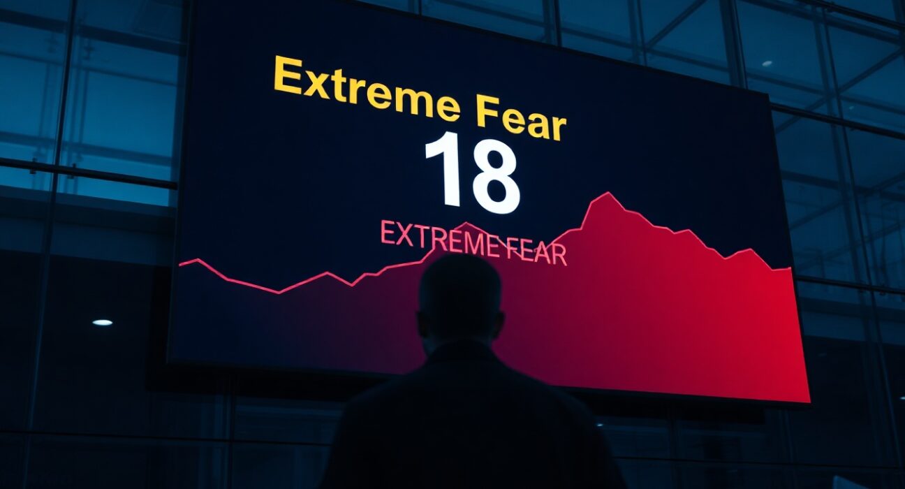 Digital display showing the Crypto Fear & Greed Index at 18 with Extreme Fear label in a dim trading office