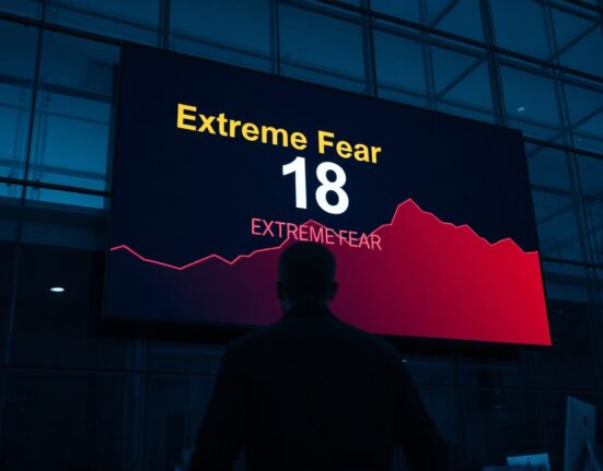Digital display showing the Crypto Fear & Greed Index at 18 with Extreme Fear label in a dim trading office