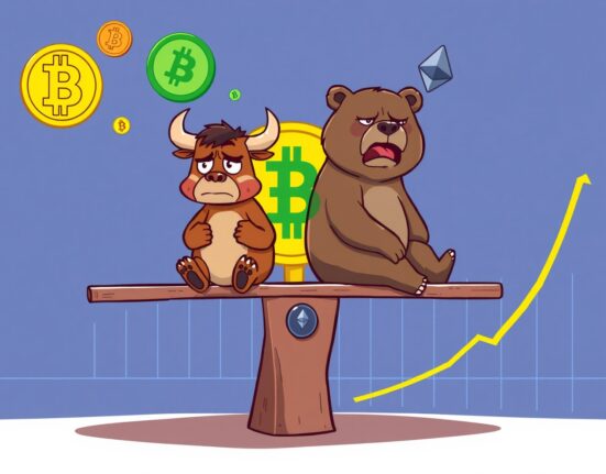 Cartoon illustration of the Crypto Fear & Greed Index showing extreme market fear with nervous cryptocurrency symbols