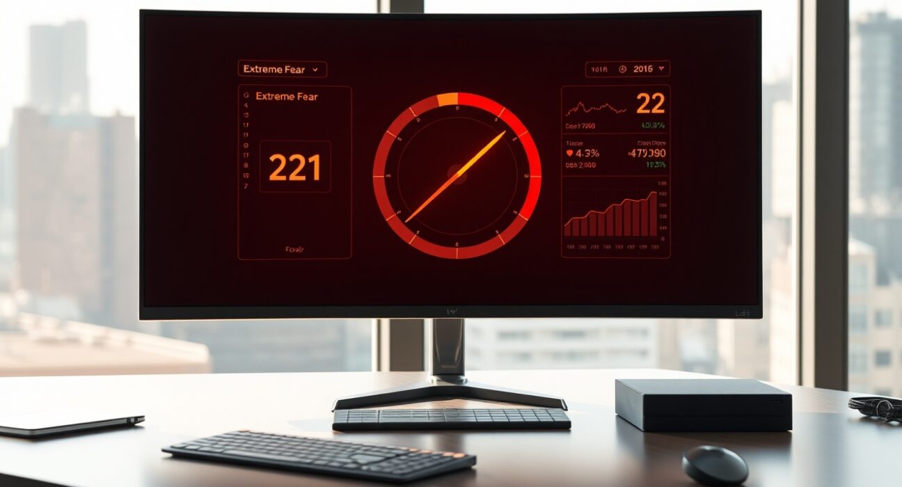 Analysis of the Crypto Fear & Greed Index showing a reading of 21 in the Extreme Fear zone on a financial dashboard.