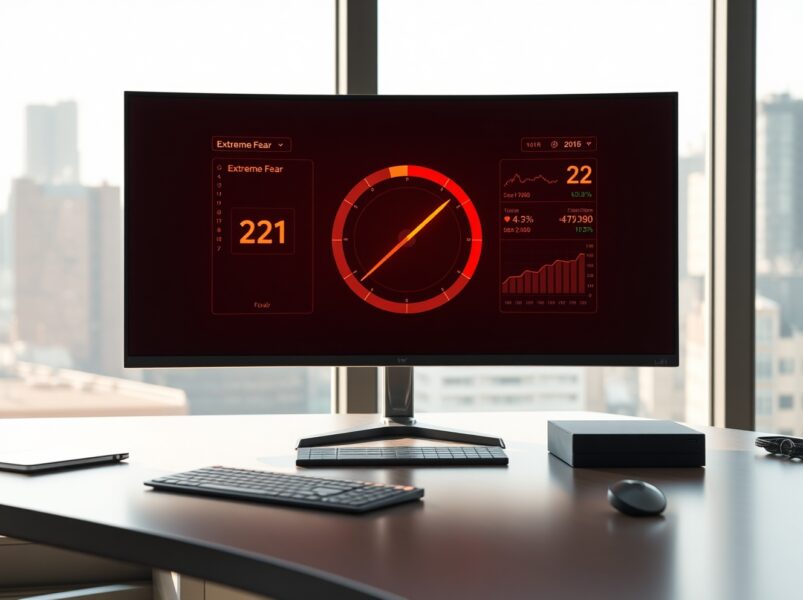 Analysis of the Crypto Fear & Greed Index showing a reading of 21 in the Extreme Fear zone on a financial dashboard.