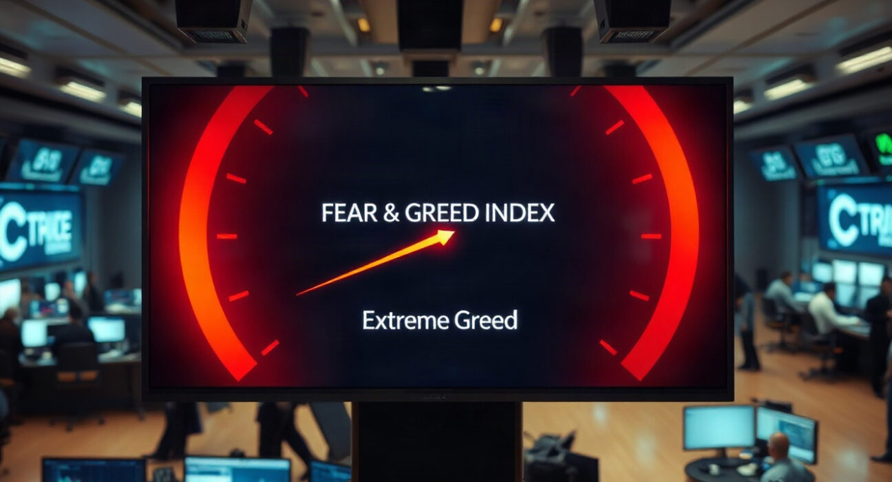 Crypto Fear and Greed Index gauge showing extreme greed at 81 on a trading floor screen