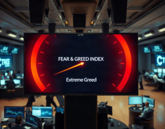 Crypto Fear and Greed Index gauge showing extreme greed at 81 on a trading floor screen