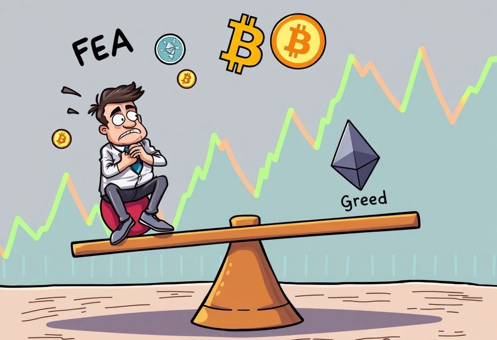 A cartoon illustration representing the Crypto Fear & Greed Index, showing investor sentiment shifting towards fear.