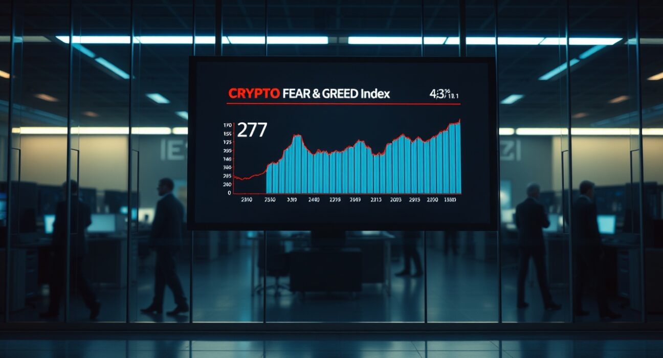 Crypto Fear & Greed Index at 27 in the fear zone displayed on a digital screen in a trading office
