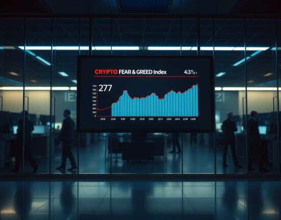 Crypto Fear & Greed Index at 27 in the fear zone displayed on a digital screen in a trading office