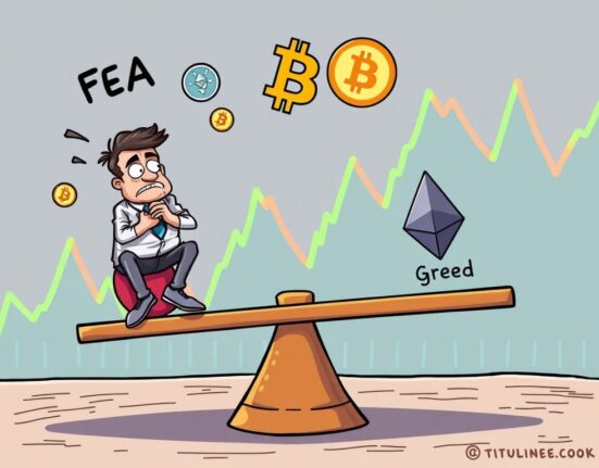 A cartoon illustration representing the Crypto Fear & Greed Index, showing investor sentiment shifting towards fear.