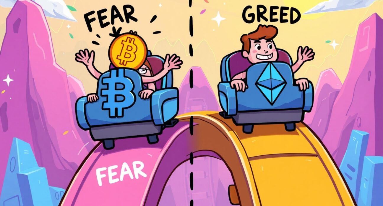 A cartoon showing the Crypto Fear & Greed Index scale with 'Fear' outweighing 'Greed', illustrating current market sentiment.