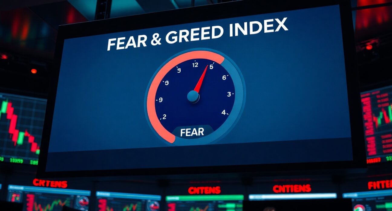 Crypto Fear & Greed Index gauge showing 'Fear' at 28 on a digital display in a trading floor setting