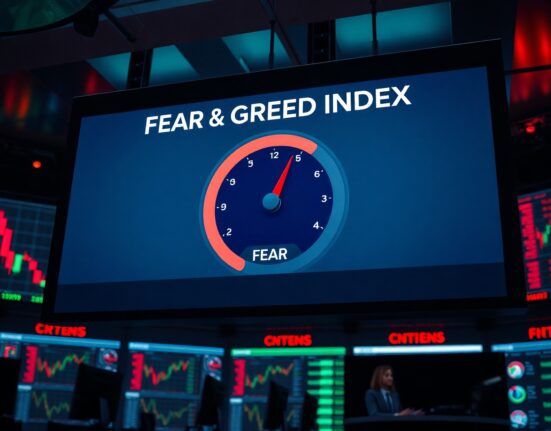Crypto Fear & Greed Index gauge showing 'Fear' at 28 on a digital display in a trading floor setting