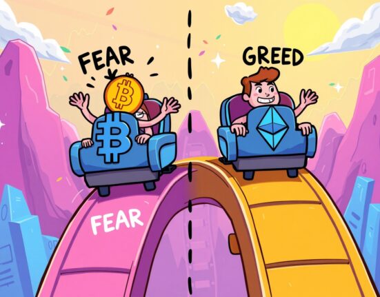 Crypto Fear & Greed Index illustration showing market sentiment rollercoaster between fear and greed emotions
