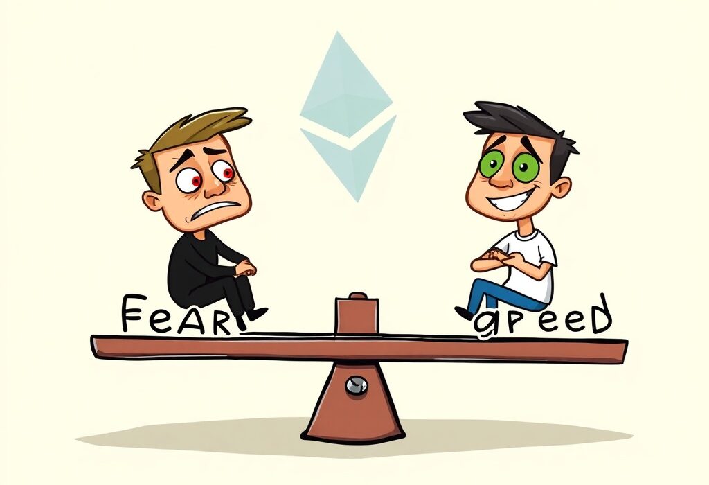 A cartoon illustration depicting market sentiment shifting from fear to greed, represented by the Crypto Fear & Greed Index.