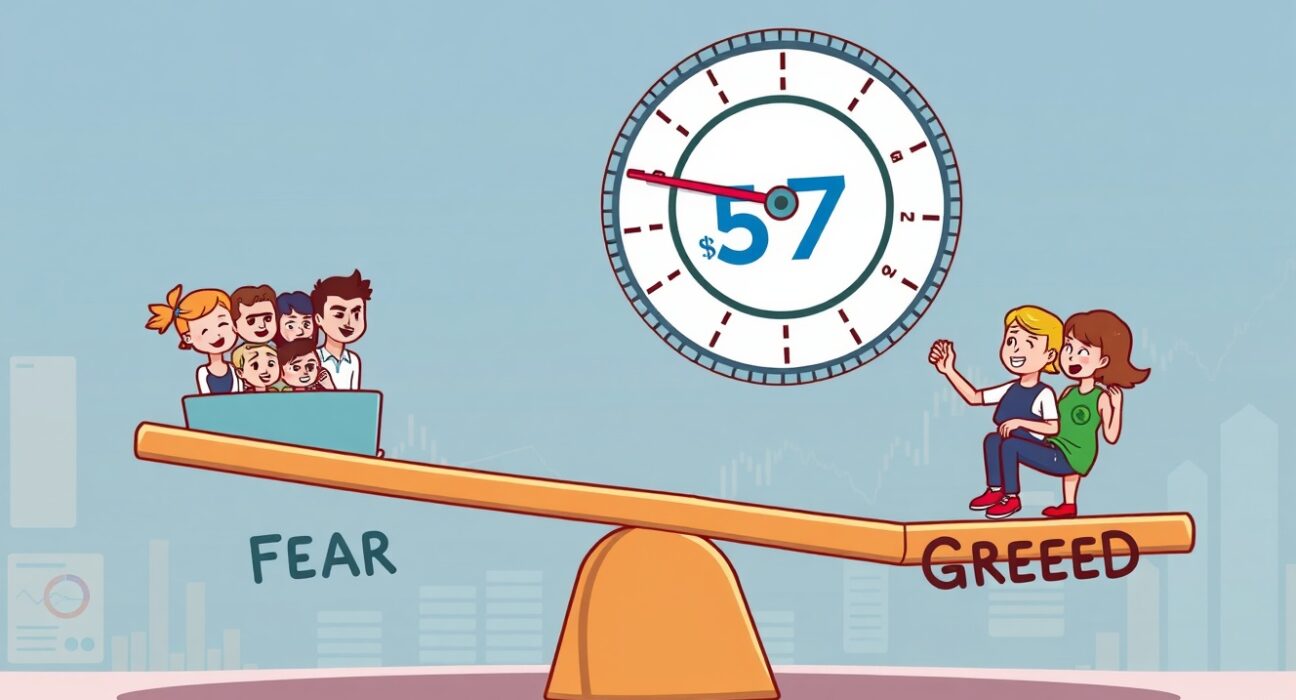 A cartoon illustration showing the Crypto Fear & Greed Index needle pointing to 57, indicating a shift towards investor greed.