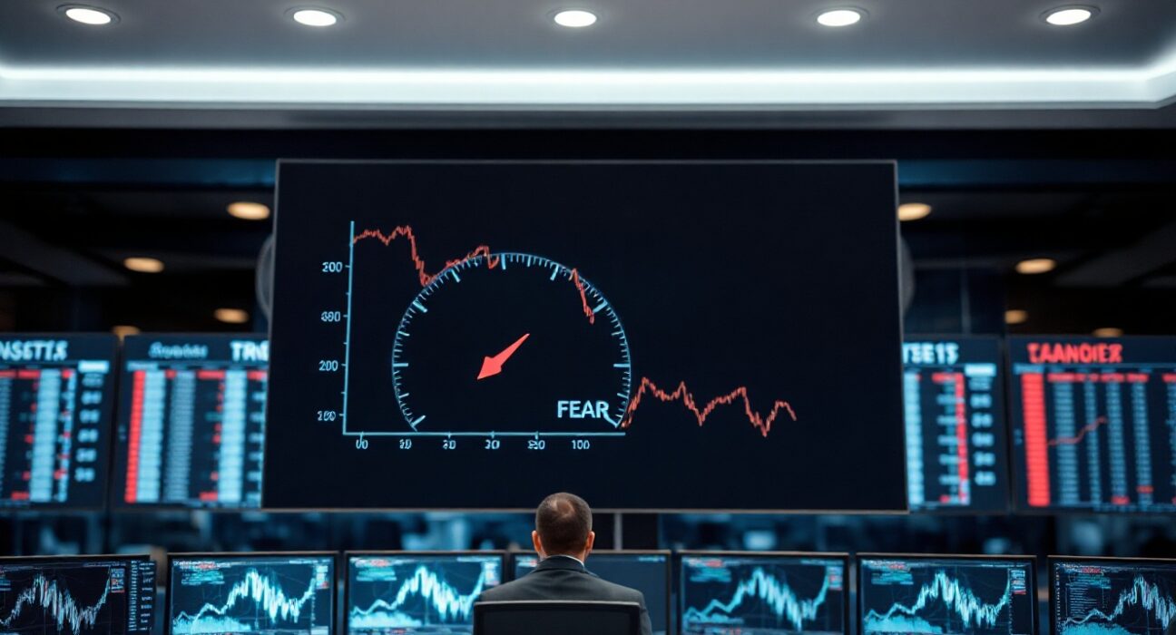 Crypto Fear and Greed Index gauge showing fear level at 37 in a newsroom setting