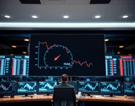Crypto Fear and Greed Index gauge showing fear level at 37 in a newsroom setting