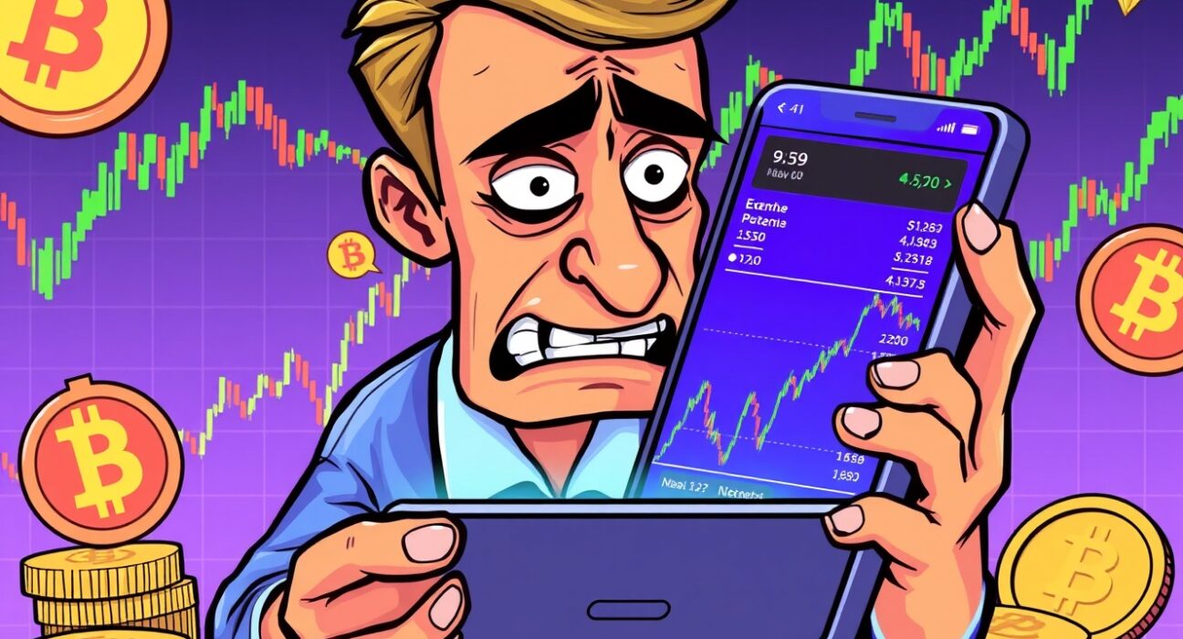 Crypto Fear & Greed Index illustration showing nervous investor analyzing market charts