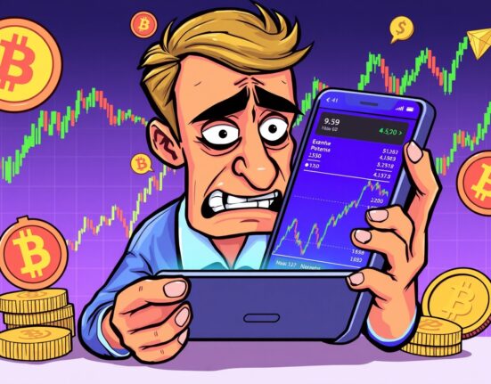 Crypto Fear & Greed Index illustration showing nervous investor analyzing market charts