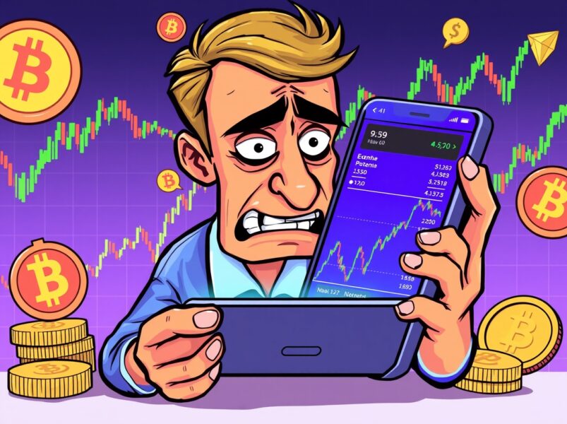Crypto Fear & Greed Index illustration showing nervous investor analyzing market charts