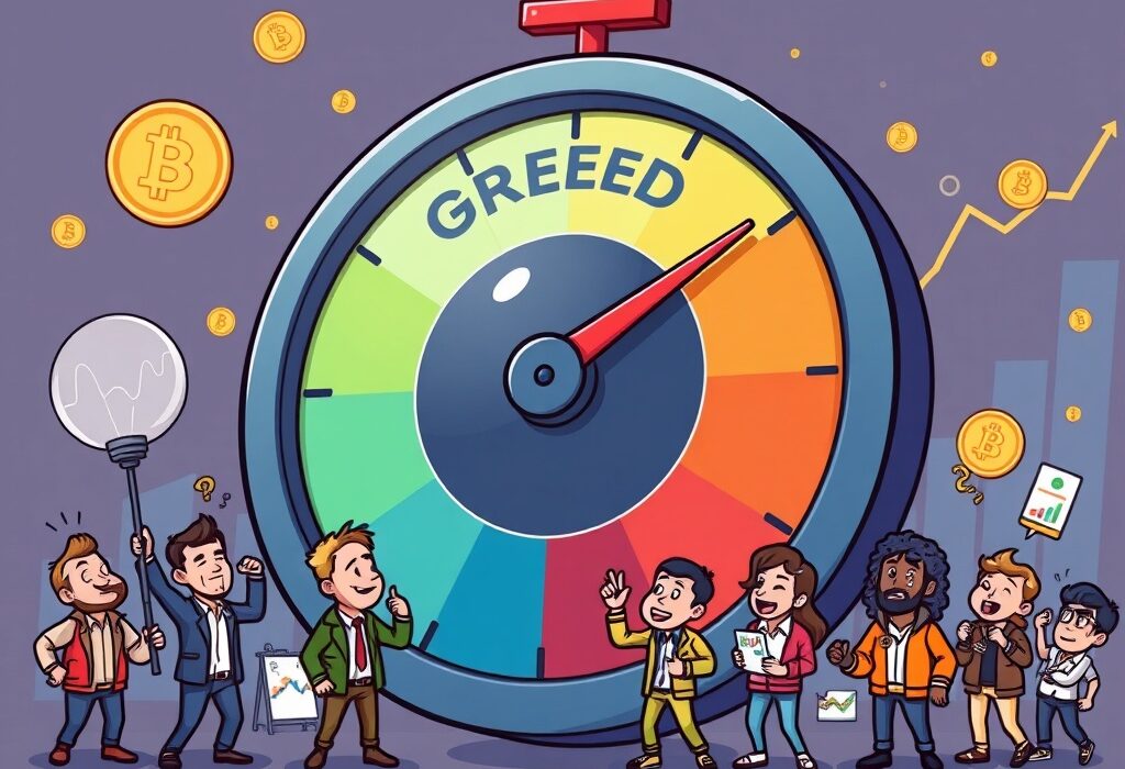 A cartoon illustration of the Crypto Fear & Greed Index dial showing market sentiment, with the needle in the 'Greed' zone.