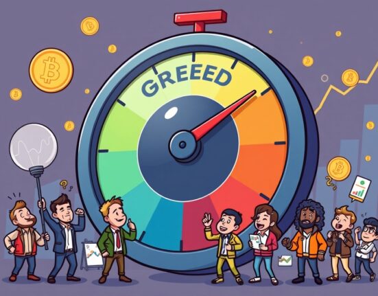 A cartoon illustration of the Crypto Fear & Greed Index dial showing market sentiment, with the needle in the 'Greed' zone.