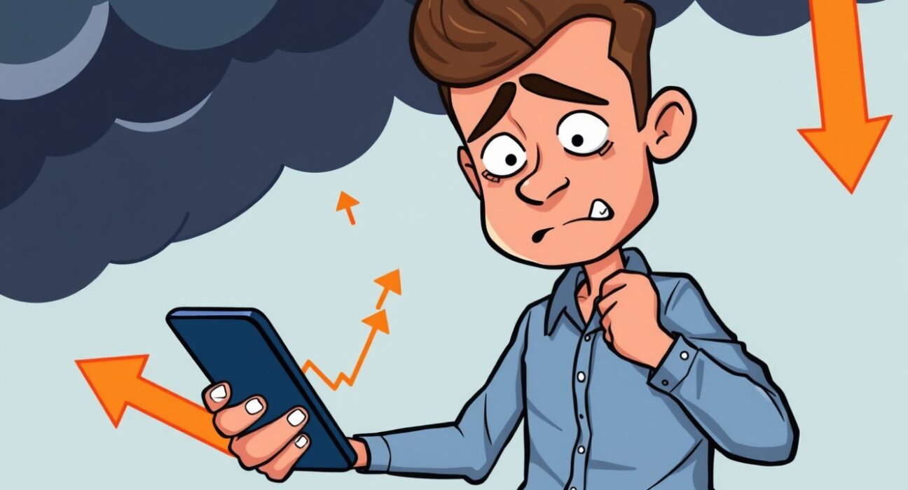 Crypto Fear & Greed Index showing extreme market fear with nervous investor watching falling charts