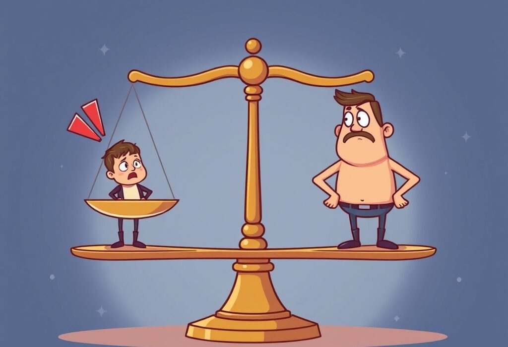 A cartoon illustration showing the Crypto Fear & Greed Index balancing perfectly at a neutral point, reflecting current market sentiment.