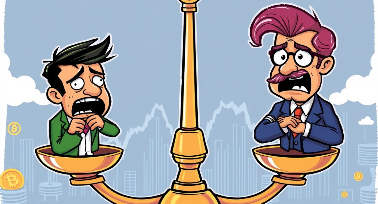 A balanced scale depicting neutral Crypto Fear & Greed Index sentiment, with figures representing fear and greed on either side.