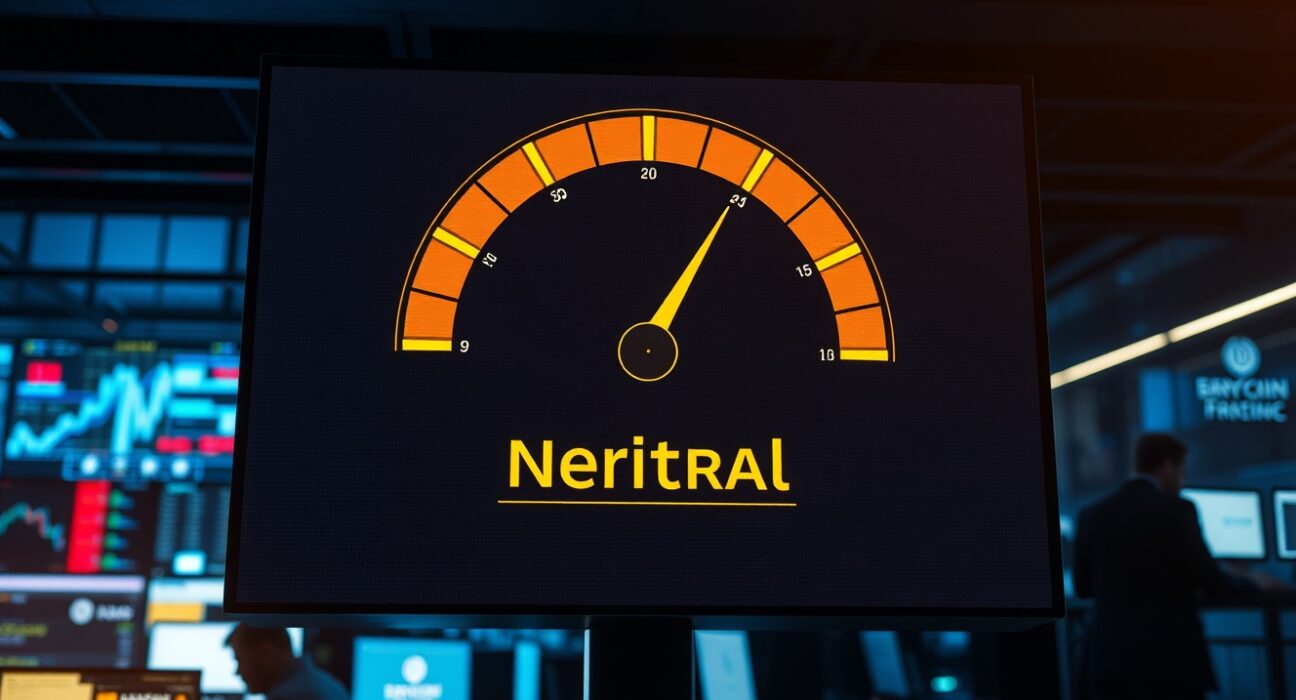 Digital display showing the Crypto Fear & Greed Index at 40, in the neutral zone, in a trading floor environment.
