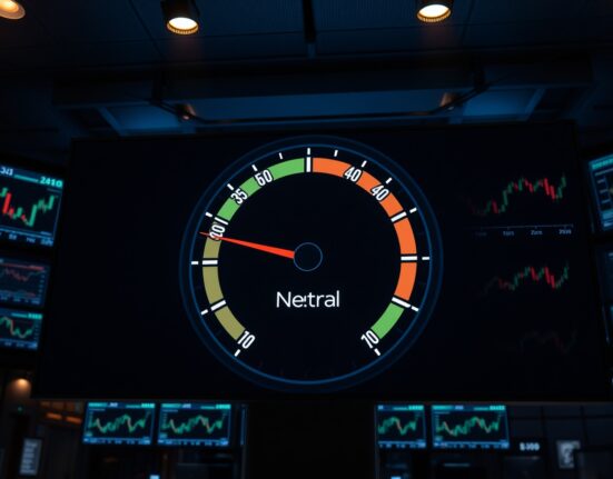 A digital gauge showing the Crypto Fear & Greed Index at 40 in the Neutral zone on a trading floor.