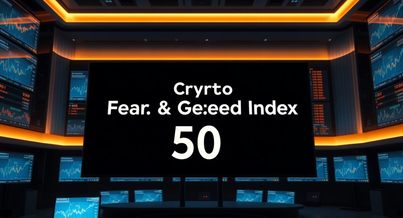 Digital display showing Crypto Fear & Greed Index at 50 with neutral sentiment icon in a trading studio